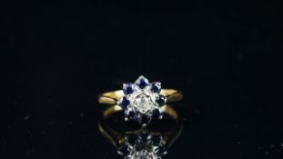 Sapphire and diamond flower shaped cluster ring, mounted in hallmarked 18ct yellow gold, finger size