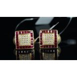 NEW OLD STOCK, UNWORN RETIRED STOCK - Ruby and diamond panel earrings, centre square of bombe set