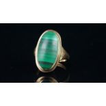 Malachite dress ring, 21x11mm Malachite cabochon, stepped border, yellow gold setting hallmarked