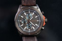 GENTLEMEN'S POLICE CHRONOGRAPH WRISTWATCH, circular brown triple register dial with baton hour