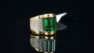 Green tourmaline and diamond tank design ring, mounted in yellow metal with French import marks