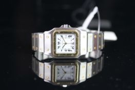 MID SIZE CARTIER AUTOMATIC SANTOS STEEL & GOLD WRISTWATCH, square off white dial with black roman