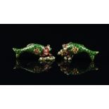 Jaipur enamel fish ear clips, with green, blue and red enamel and diamond and ruby detail, mounted