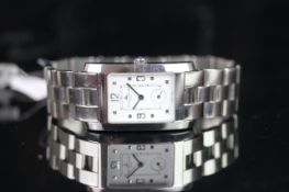 LADIES BAUME AND MERCIER WRISTWATCH, rectangular white dial with silver hour markers and a