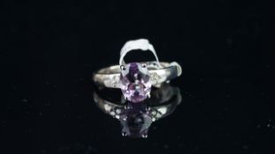 Purple and white stone ring, mounted in hallmarked 9ct white gold, finger size M 1/2, approximate