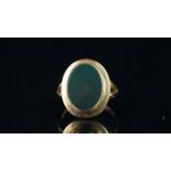 Bloodstone dress ring, 16x12mm oval bloodstone, stepped polished border, split shoulder shank,