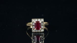 Red and white stone rectangular shaped cluster ring, mounted in hallmarked 9ct yellow gold, finger