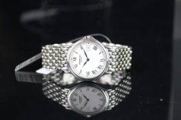 MID SIZE RAYMOND WEIL DATE WRISTWATCH, circular white dial with silver roman numerals and a date