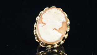 Large oval cameo ring, mounted in hallmarked 9ct yellow gold, twist design border, finger size K,