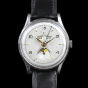 GENTLEMEN'S OMEGA MOONPHASE WRISTWATCH, circular silver day month moonphase dial with date track and