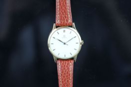 GENTLEMEN'S OMEGA OVERSIZE 18CT ROSE GOLD WRISTWATCH, circular off white dial with gold baton hour