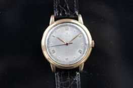GENTLEMEN'S OMEGA 18CT GOLD OVERSIZE WRISTWATCH, circular silver dial with gold dot and roman