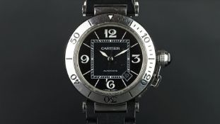 GENTLEMEN'S CARTIER PASHA AUTOMATIC WRISTWATCH, circular black dial with Arabic numerals and white