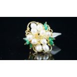 Pearl, emerald and diamond cocktail ring, mounted in yellow metal stamped with 14k, finger size Q,