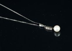 Pearl and diamond set pendant, in white metal stamped 585 to the halter, on a white metal chain