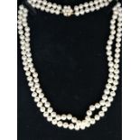 Two row pearl necklace, 6.5mm freshwater cream pearls, with champagne overtones, on a yellow metal