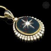 Victorian Pearl, Bloodstone and diamond locket pendant, central pearl within a diamond set star,