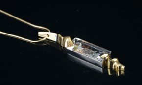 Simon Pure rutilated quartz lightening pendant, 40 x 10mm rutile quartz, bezel set in 18ct yellow