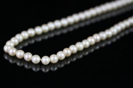 Pearl necklet, on white metal marcasite set clasp, approximate length 44cm.