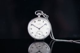 VINTAGE LONGINES PLATINUM POCKET WATCH, circular patina cream dial with black arabic numerals and