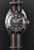 VINTAGE RODANIA AUTOMATIC DIVE WATCH, circular black dial with red and lime hour markers, day and