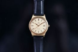 GENTLEMEN'S OMEGA GENEVE, champagne dial, baton hour markers, date aperture, 36mm gold plated