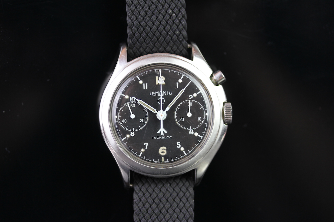 GENTLEMEN'S LEMANIA R.A.F. MILITARY CROWS FOOT A SYMMETRICAL MONOPUSHER CHRONOGRAPH WRISTWATCH, - Image 2 of 4