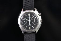 GENTLEMEN'S LEMANIA R.A.F. MILITARY CROWS FOOT A SYMMETRICAL MONOPUSHER CHRONOGRAPH WRISTWATCH,