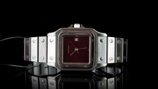 CARTIER SANTOS GALBEE BORDEAUX AUTOMATIC, square red dial, date aperture, 31mm case, stainless steel