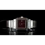 CARTIER SANTOS GALBEE BORDEAUX AUTOMATIC, square red dial, date aperture, 31mm case, stainless steel