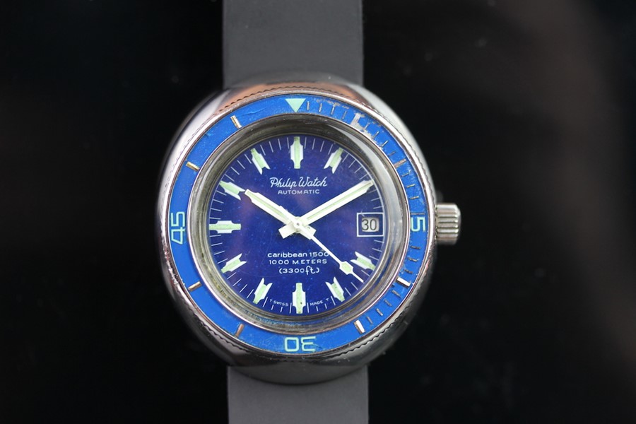 GENTLEMEN'S PHILLIP WATCH CARRIBEAN 1500 VINTAGE DIVERS WATCH, circular blue dial with luminous