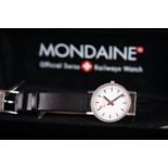 GENTLEMEN'S MONDAINE WRISTWATCH, circular white dial, baton hour markers, red lollypop seconds hand,