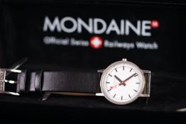 GENTLEMEN'S MONDAINE WRISTWATCH, circular white dial, baton hour markers, red lollypop seconds hand,