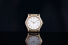 MID SIZE EBEL 18CT GOLD DATE WRISTWATCH, circular cream dial with gold roman numerals and a date