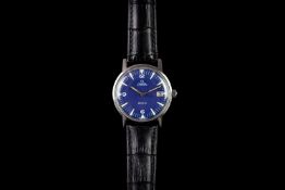 GENTLEMEN'S OMEGA AUTOMATIC GENEVE DATE WRISTWATCH, circular blue dial with luminous green hour