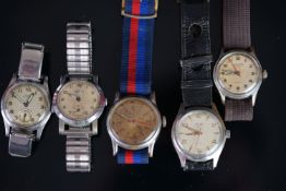 A QUANITIY OF 5 VINTAGE WATCHES INCLUDING CYMA TAVANNES, five vintage watches, various markers,