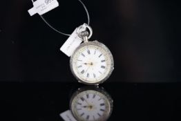 LADIES SILVER FOB WATCH, white dial, Roman numerals, engraved case, unsigned swiss movement,