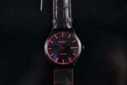GENTLEMEN'S EBEL 100 AUTOMATIC PVD CASE, black circular dial, Red baton hour markers and details,