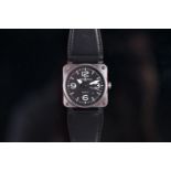 BELL & ROSS BR03-92 WRIST WATCH, circular black dial, luminous Arabic numerals and baton hour and