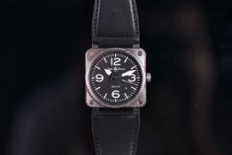 BELL & ROSS BR03-92 WRIST WATCH, circular black dial, luminous Arabic numerals and baton hour and