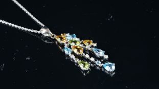 NEW OLD STOCK, Multi coloured topaz and diamond pendant, blue, yellow and green tops pear cuts,