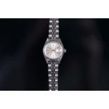 LADIES Rolex OYSTER PERPETUAL DATEJUST WRISTWATCH, circular silver dial with silver hour markers and