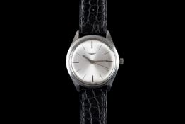 GENTLEMEN'S LONGINES VINTAGE WRISTWATCH, circular silver dial with hour markers, 35mm stainless