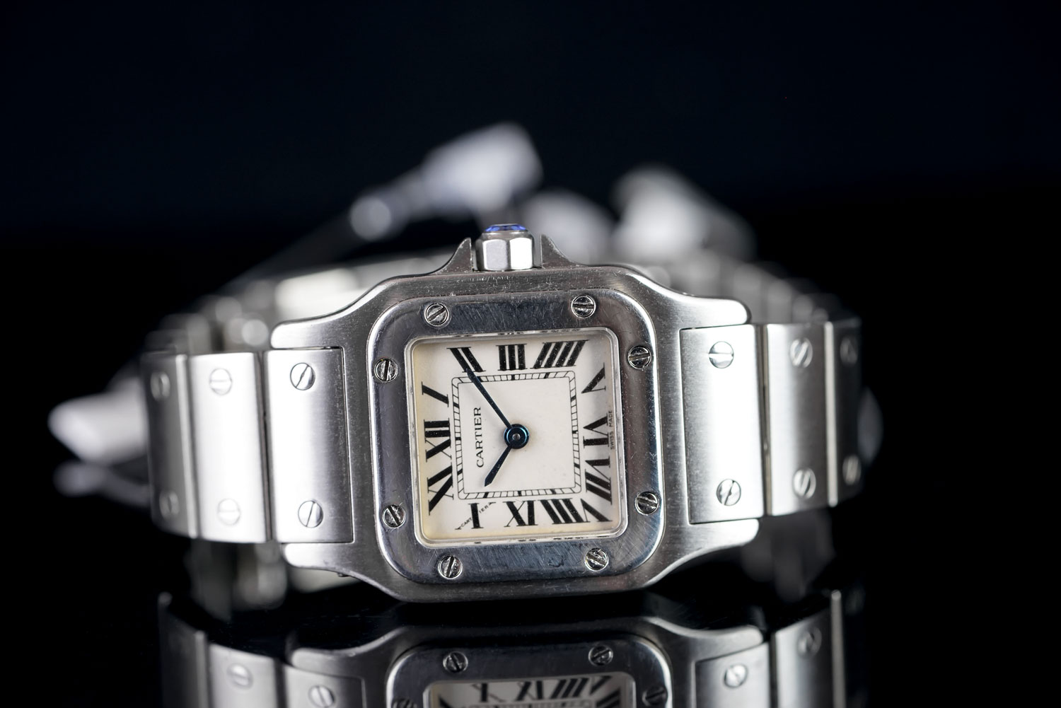 LADIES CARTIER SANTOS GALBEE 1565 SN799256, square, silver dial with black hands, black roman