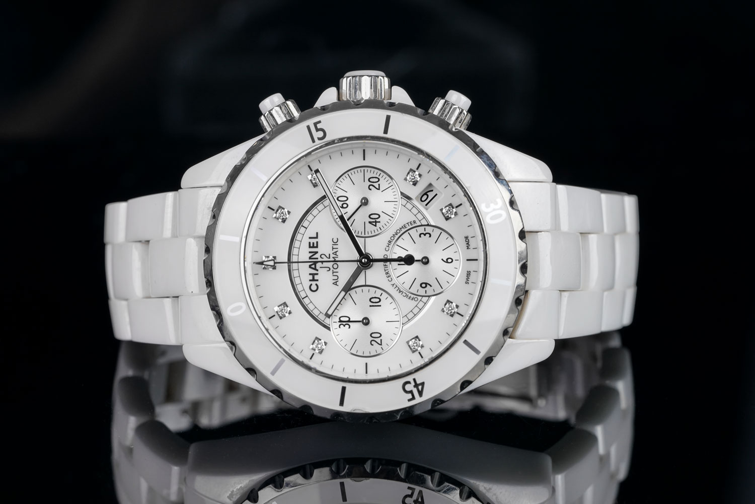 LADIES CHANEL J12 CHRONOGRAPH SN Z.G.K 23522, round, white dial with white stones on hour markers,