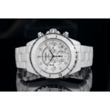 LADIES CHANEL J12 CHRONOGRAPH SN Z.G.K 23522, round, white dial with white stones on hour markers,