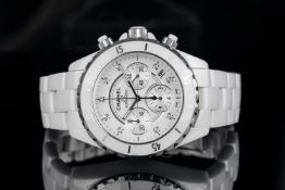 LADIES CHANEL J12 CHRONOGRAPH SN Z.G.K 23522, round, white dial with white stones on hour markers,