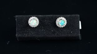 NEW OLD STOCK,Opal and diamond stud earrings, 5mm round cabochon cut opals, diamond surround, in