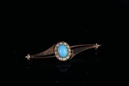 Turquoise and pearl cluster bar brooch, mounted in rose coloured metal stamped 333, with pin and 'C'