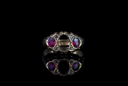 Edwardian ruby ring, centre stone missing, 2 rubies set either side, carved 1/2 hoop style, 18ct